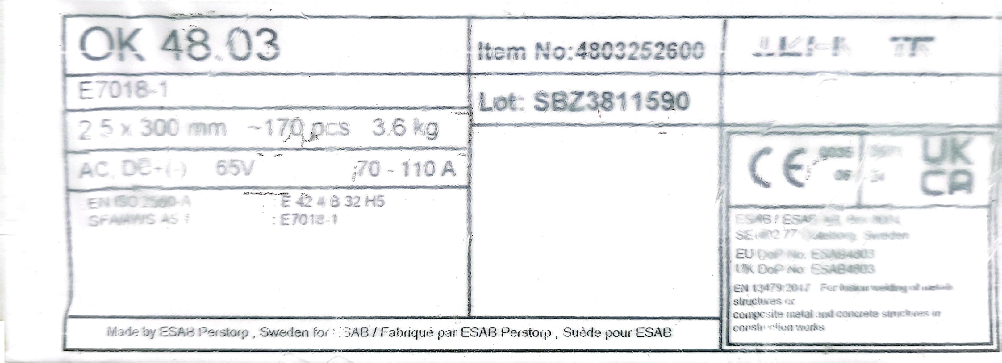 Image of product ESAB ELECTRODE OK 48.03 2,5X300 PCS 170 KG 3.6